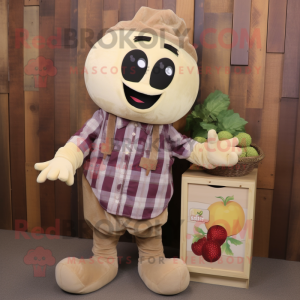 Tan Grape mascot costume character dressed with a Flannel Shirt and Mittens