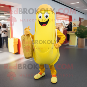 Lemon Yellow Currywurst mascot costume character dressed with a Capri Pants and Messenger bags