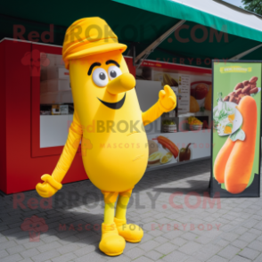 Lemon Yellow Currywurst mascot costume character dressed with a Capri Pants and Messenger bags