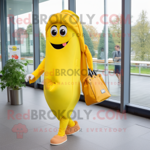 Lemon Yellow Currywurst mascot costume character dressed with a Capri Pants and Messenger bags