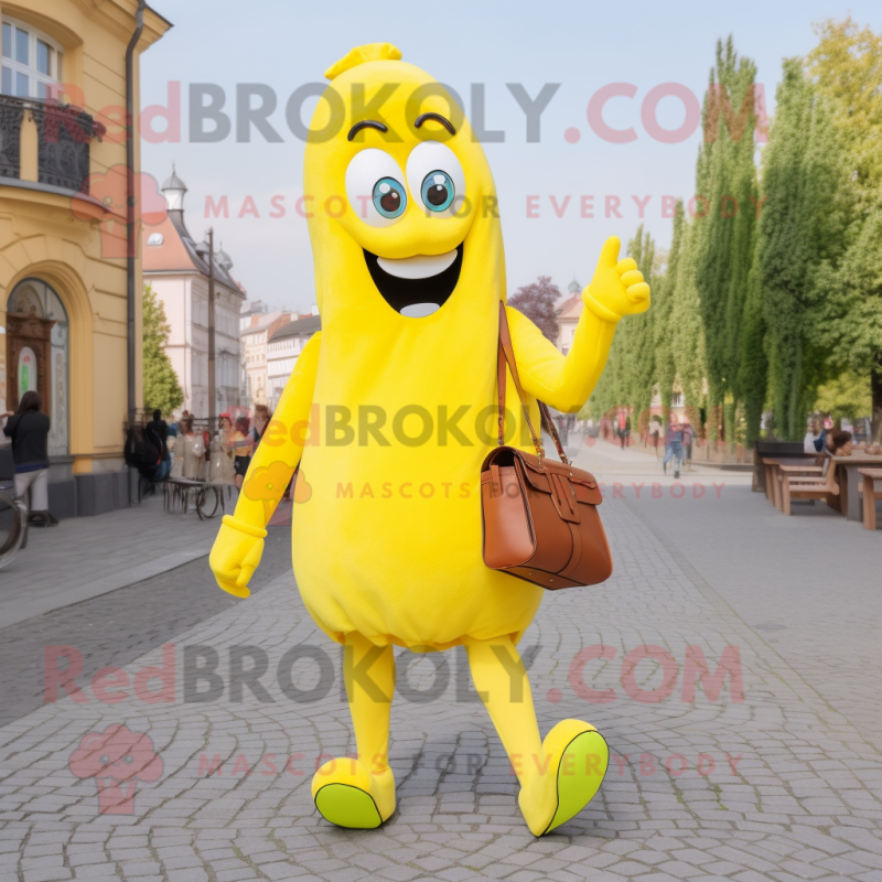 Lemon Yellow Currywurst mascot costume character dressed with a Capri Pants and Messenger bags Lemon Yellow Currywurst mascot costume character dressed with a Capri Pants and Messenger bags