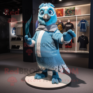 Cyan Blue Jay mascot costume character dressed with a Sweater and Anklets