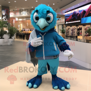 Cyan Blue Jay mascot costume character dressed with a Sweater and Anklets