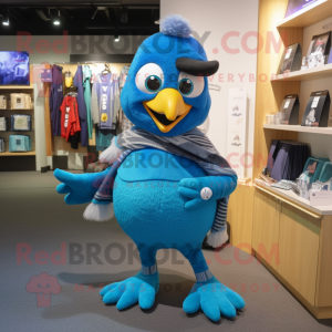 Cyan Blue Jay mascot costume character dressed with a Sweater and Anklets