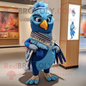 Cyan Blue Jay mascot costume character dressed with a Sweater and Anklets