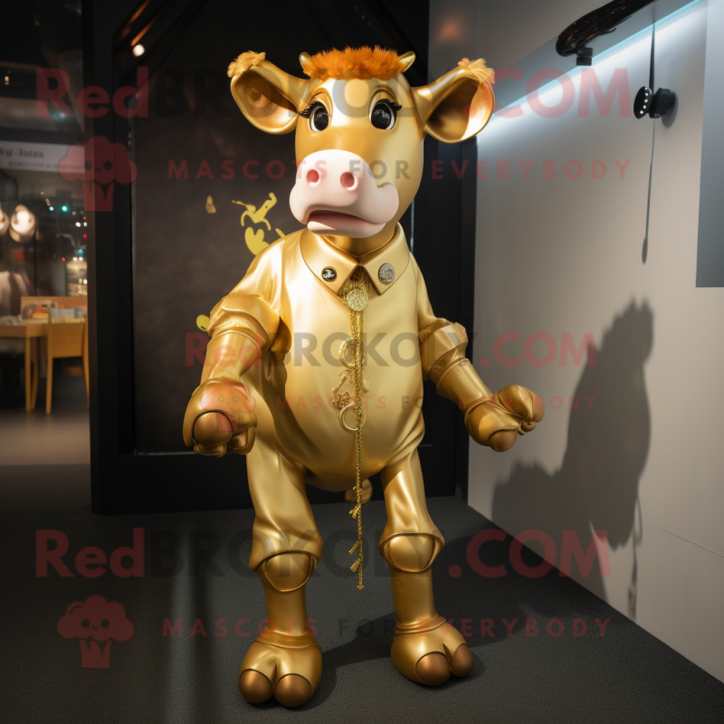 Gold Cow mascot costume character dressed with a Romper and Suspenders