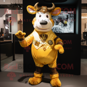 Gold Cow mascot costume character dressed with a Romper and Suspenders