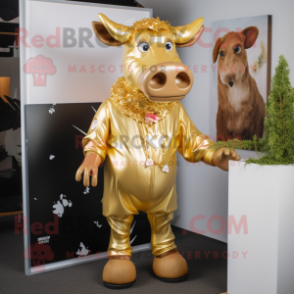 Gold Cow mascot costume character dressed with a Romper and Suspenders