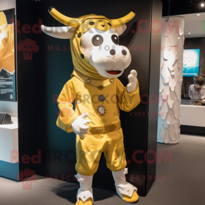 Gold Cow mascot costume character dressed with a Romper and Suspenders