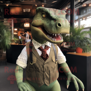 Olive T Rex mascot costume character dressed with a Waistcoat and Ties