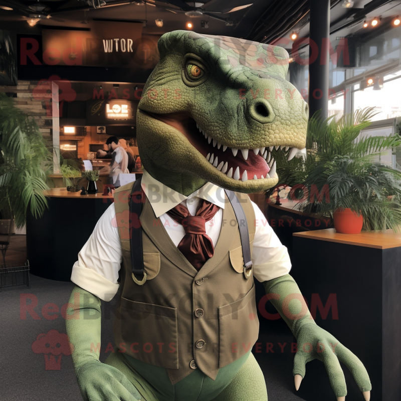 Olive T Rex mascot costume character dressed with a Waistcoat and Ties Olive T Rex mascot costume character dressed with a Waistcoat and Ties