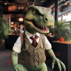Olive T Rex mascot costume character dressed with a Waistcoat and Ties