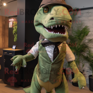 Olive T Rex mascot costume character dressed with a Waistcoat and Ties