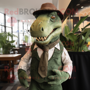 Olive T Rex mascot costume character dressed with a Waistcoat and Ties