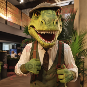 Olive T Rex mascot costume character dressed with a Waistcoat and Ties