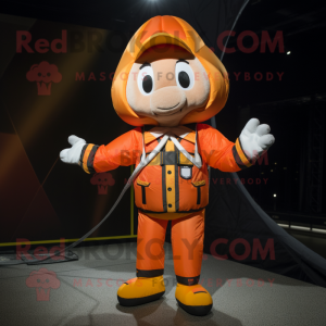 Orange Tightrope Walker mascot costume character dressed with a Bomber Jacket and Pocket squares