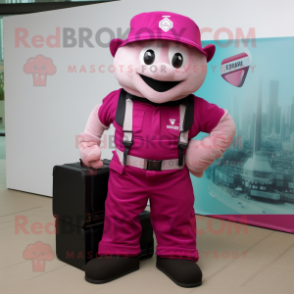 Magenta Wedding Cake mascot costume character dressed with a Cargo Pants and Suspenders