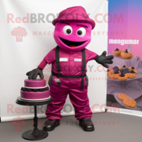 Magenta Wedding Cake mascot costume character dressed with a Cargo Pants and Suspenders