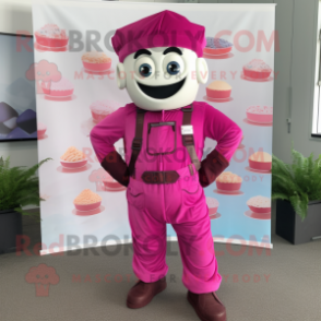 Magenta Wedding Cake mascot costume character dressed with a Cargo Pants and Suspenders