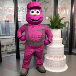Magenta Wedding Cake mascot costume character dressed with a Cargo Pants and Suspenders