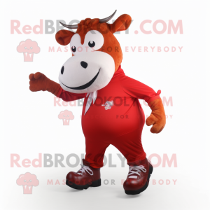 Red Cow mascot costume character dressed with a Trousers and Shoe laces