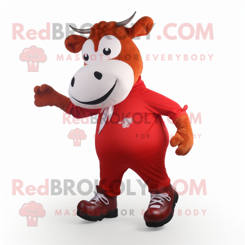 Red Cow mascot costume character dressed with a Trousers and Shoe laces