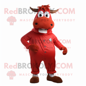 Red Cow mascot costume character dressed with a Trousers and Shoe laces