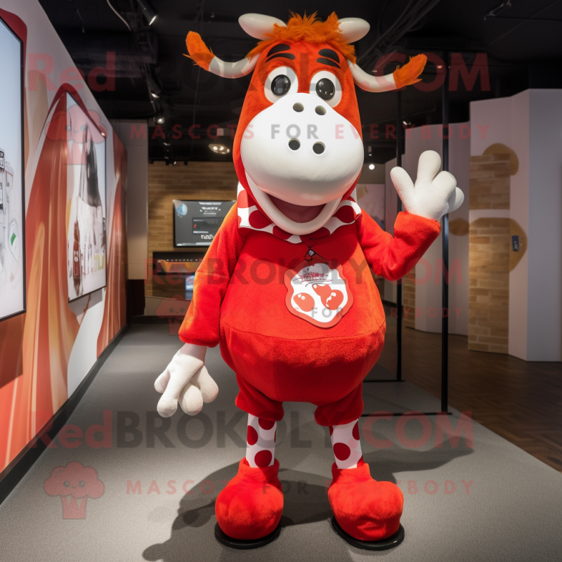 Red Cow mascot costume character dressed with a Trousers and Shoe laces Red Cow mascot costume character dressed with a Trousers and Shoe laces