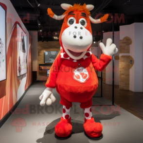 Red Cow mascot costume character dressed with a Trousers and Shoe laces