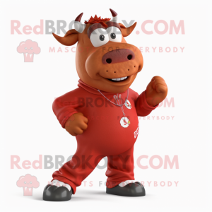 Red Cow mascot costume character dressed with a Trousers and Shoe laces