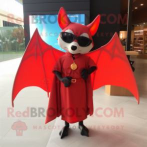 Red Bat mascot costume character dressed with a Sheath Dress and Sunglasses