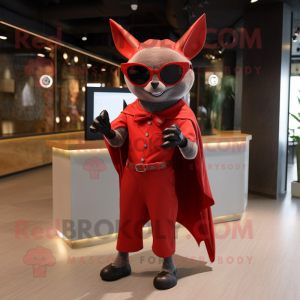 Red Bat mascot costume character dressed with a Sheath Dress and Sunglasses