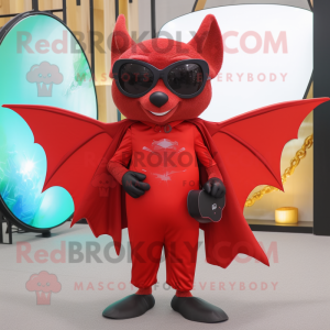 Red Bat mascot costume character dressed with a Sheath Dress and Sunglasses