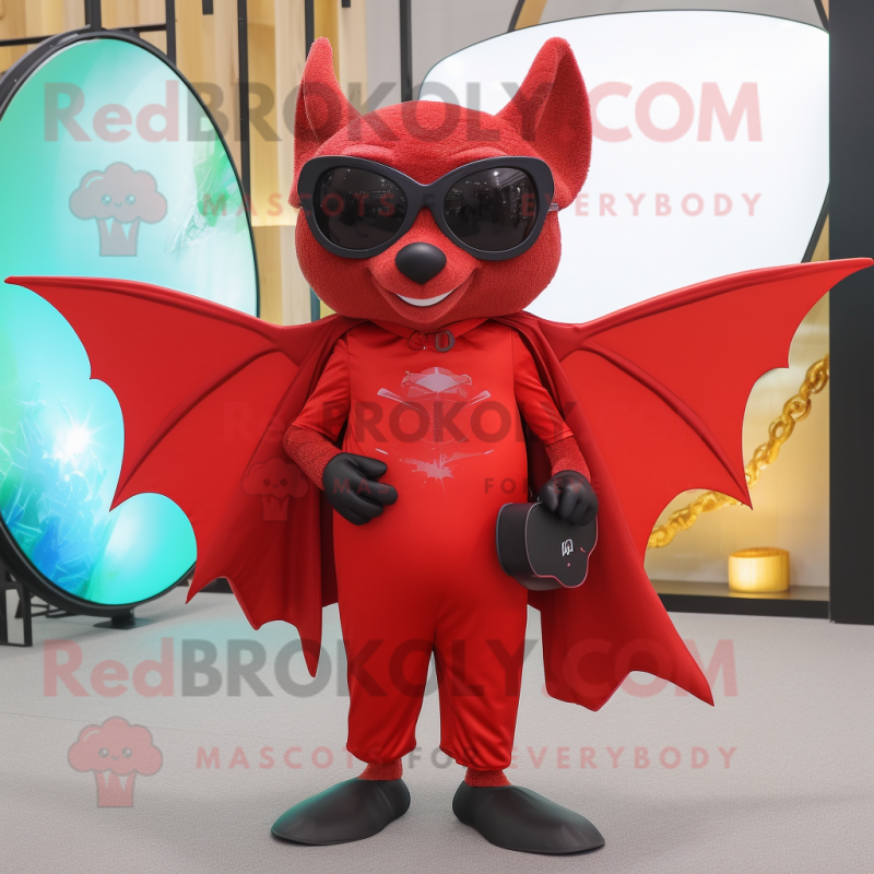 Red Bat mascot costume character dressed with a Sheath Dress and Sunglasses Red Bat mascot costume character dressed with a Sheath Dress and Sunglasses