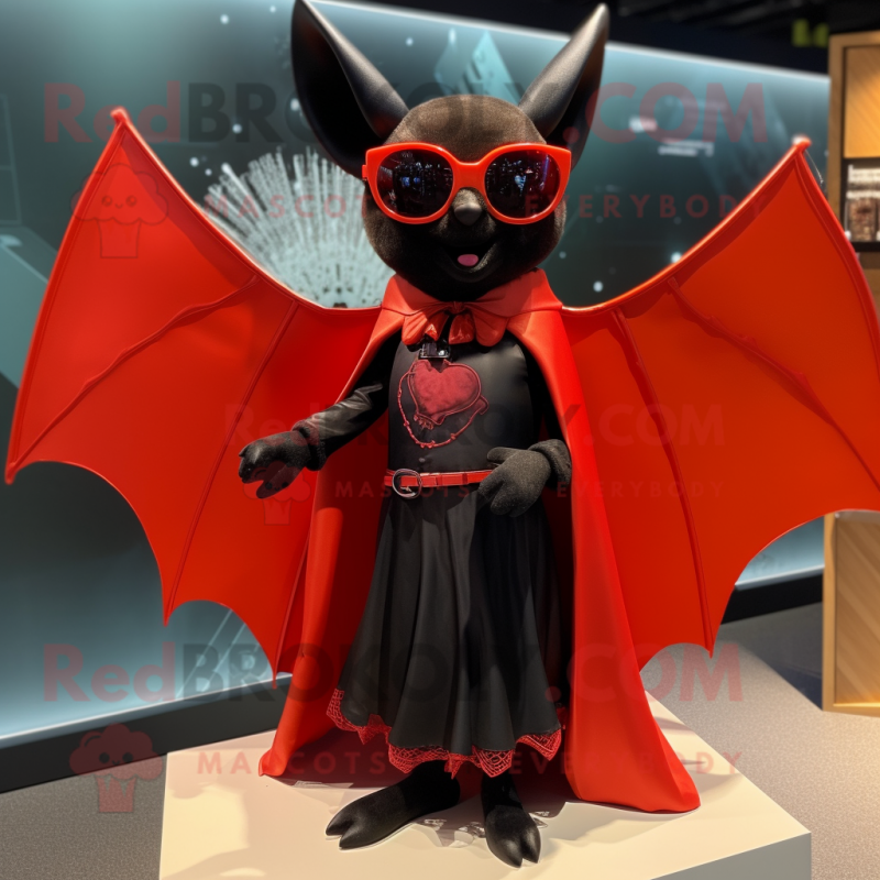 Red Bat mascot costume character dressed with a Sheath Dress and Sunglasses