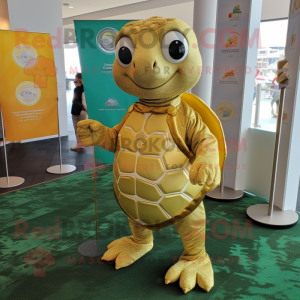 Gold Sea Turtle mascot costume character dressed with a Shift Dress and Lapel pins