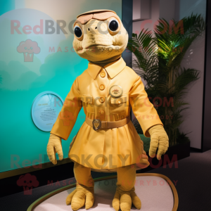 Gold Sea Turtle mascot costume character dressed with a Shift Dress and Lapel pins