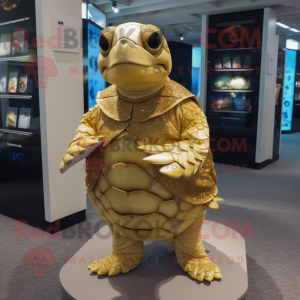 Gold Sea Turtle mascot costume character dressed with a Shift Dress and Lapel pins