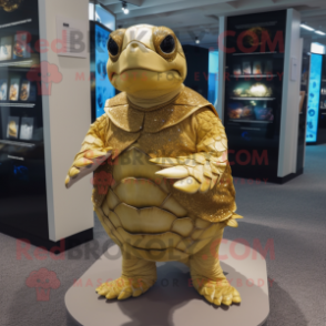 Gold Sea Turtle mascot costume character dressed with a Shift Dress and Lapel pins