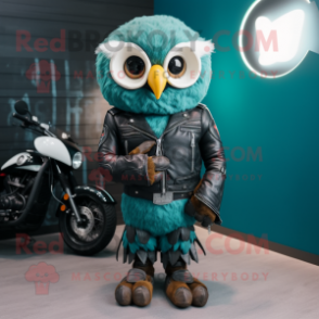 Teal Owl mascot costume character dressed with a Biker Jacket and Belts