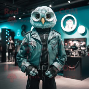 Teal Owl mascot costume character dressed with a Biker Jacket and Belts