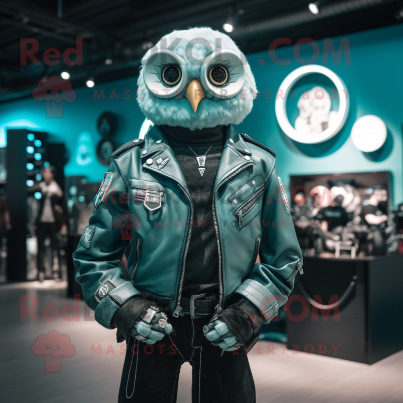 Teal Owl mascot costume character dressed with a Biker Jacket and Belts