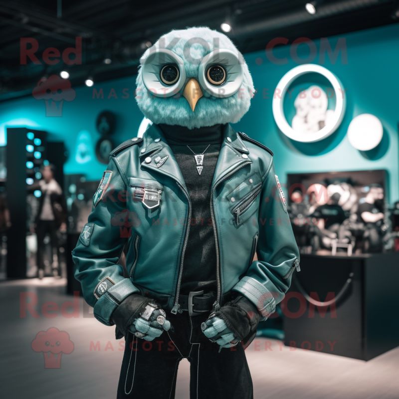 Teal Owl mascot costume character dressed with a Biker Jacket and Belts Teal Owl mascot costume character dressed with a Biker Jacket and Belts