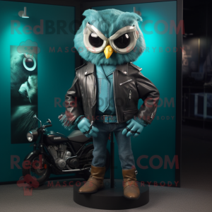 Teal Owl mascot costume character dressed with a Biker Jacket and Belts
