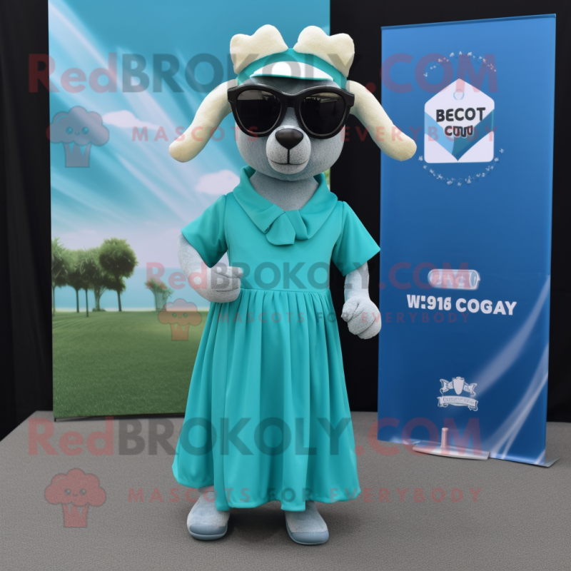 Teal Beef Stroganoff mascot costume character dressed with a Empire Waist Dress and Sunglasses Teal Beef Stroganoff mascot costume character dressed with a Empire Waist Dress and Sunglasses