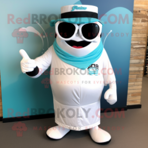 Teal Beef Stroganoff mascot costume character dressed with a Empire Waist Dress and Sunglasses