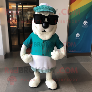 Teal Beef Stroganoff mascot costume character dressed with a Empire Waist Dress and Sunglasses