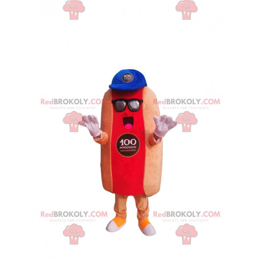 Mascotte de hot-dog avec une casquette bleue - Redbrokoly.com