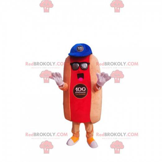 Mascotte de hot-dog avec une casquette bleue - Redbrokoly.com