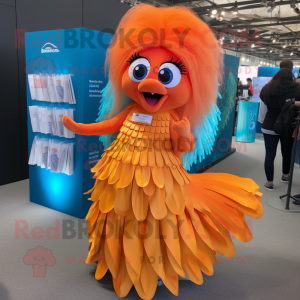 Orange Betta Fish mascot costume character dressed with a Pleated Skirt and Coin purses